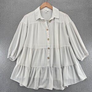 Cato Top Womens Large Ivory Button Up Collar 3/4 Sleeve Ruched Tier Tunic Blouse